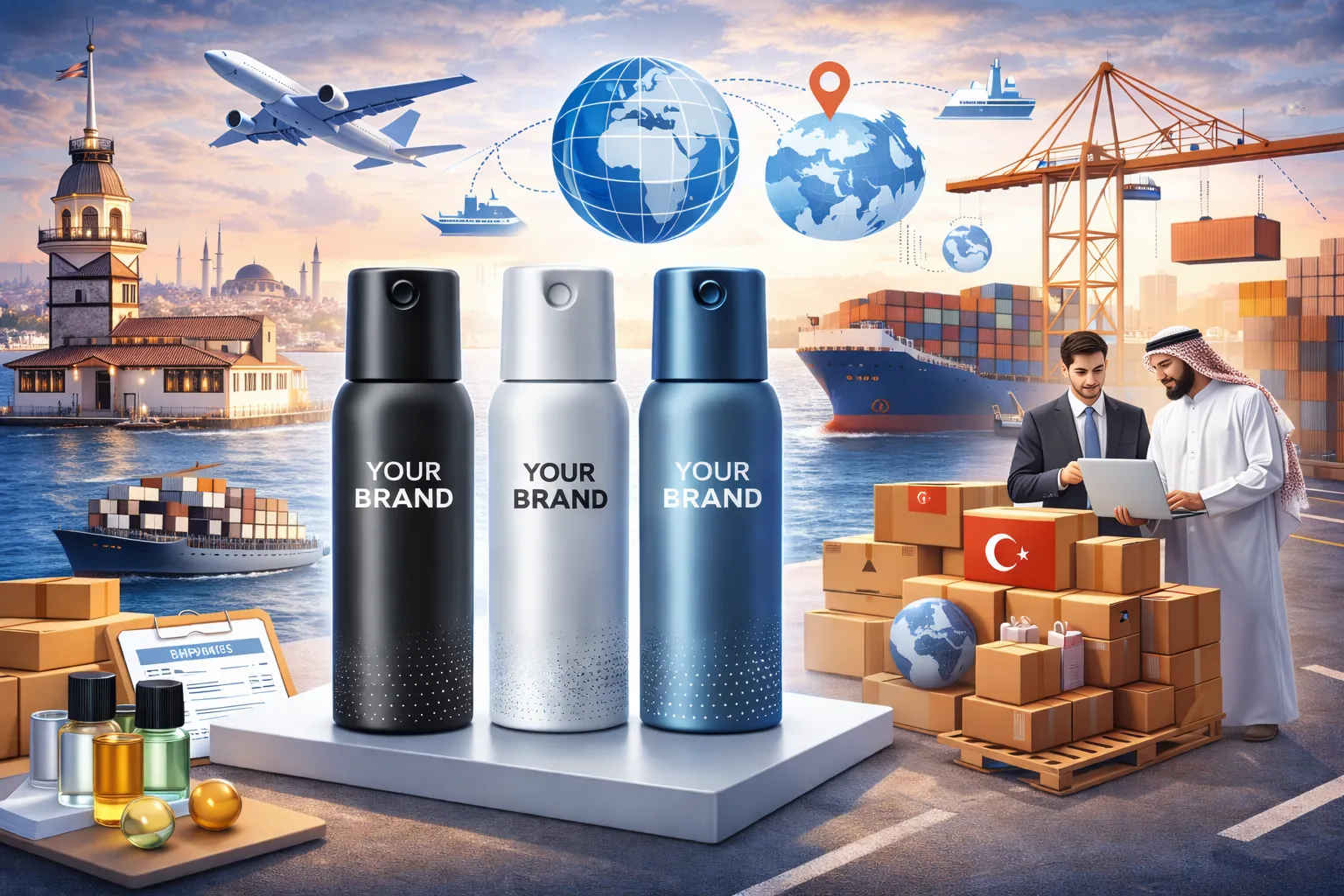 صمم صورة مختلفة اخرى بنفس المواصقات حول العنوان التالي Body Spray Private Label from Istanbul Gives Global B2B Buyers a Shipping Advantage