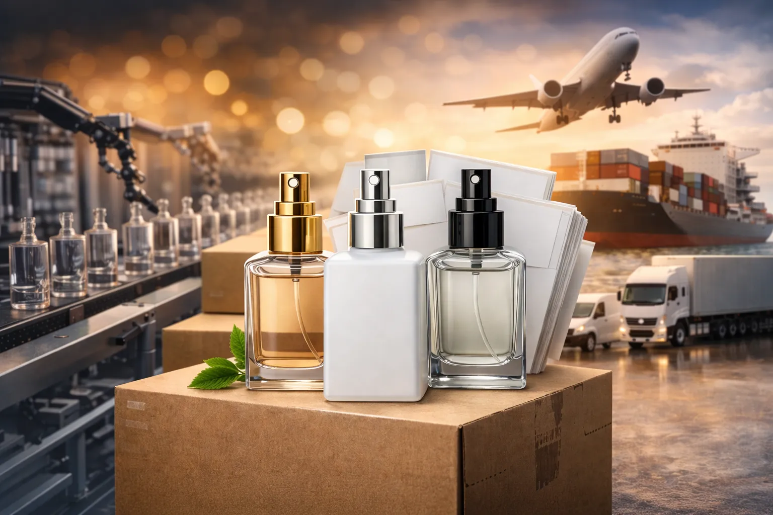 صمم صورة احترافية تكون صورة غلاف حول عنوانا لمقال التالي: Ready-to-Label Perfume for B2B Buyers: Fast-Launch Supply