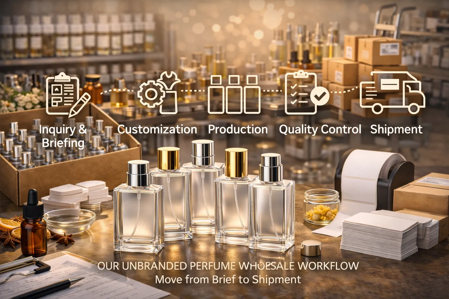 How does Our Unbranded Perfume Wholesale Workflow Move from Brief to Shipment