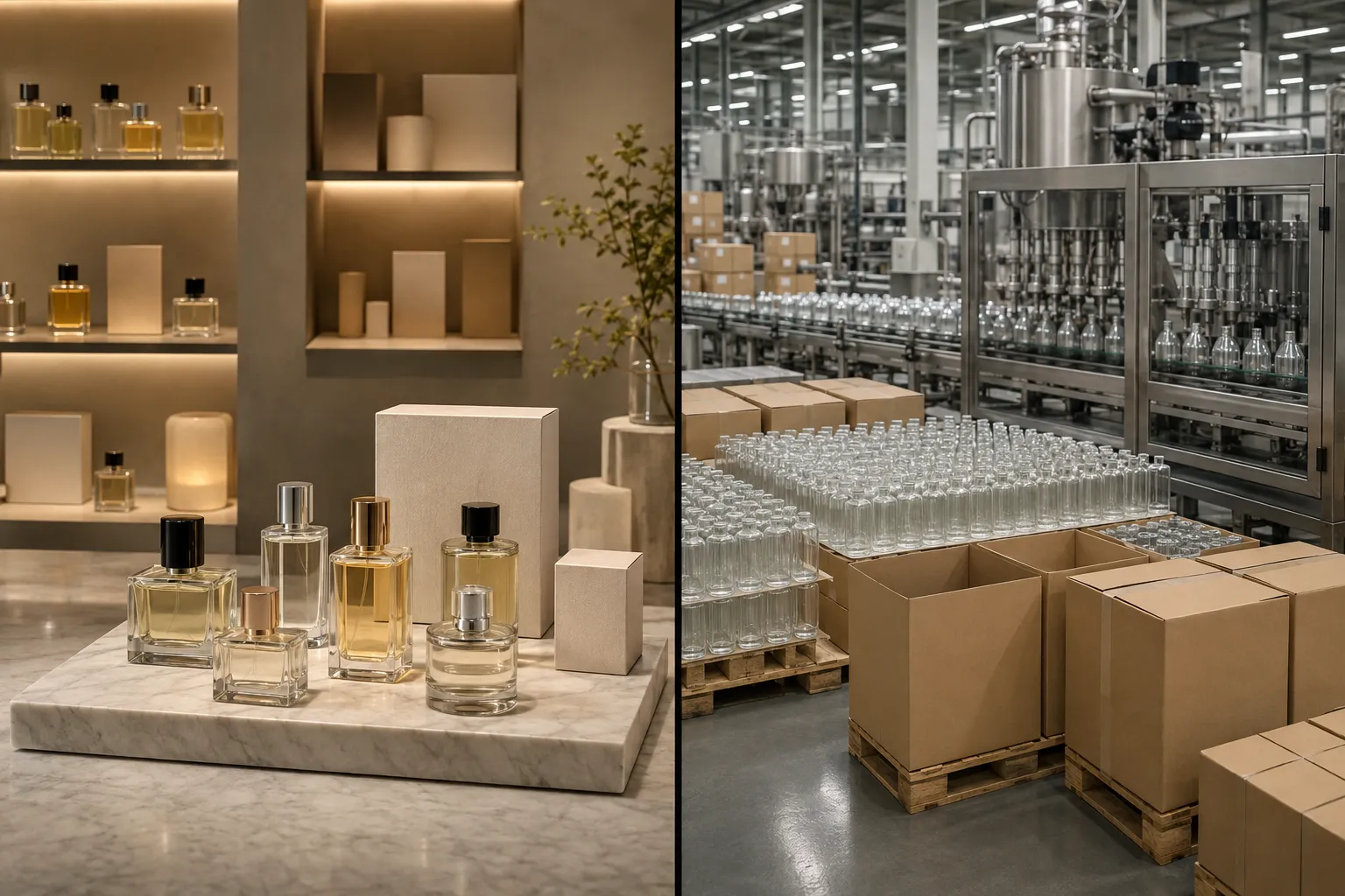 A boutique perfume manufacturer vs. a large-scale perfume factory 