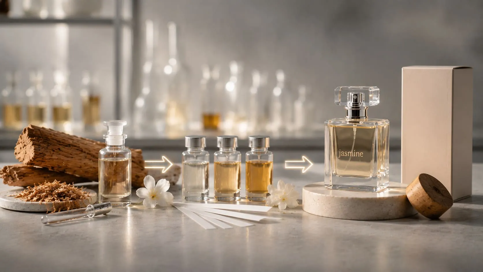 خشب الصندل في صناعة العطور: كيف تبني هوية خاصة بعلامتك التجارية؟ 2 جاسمين نحول رؤيتك لعطر الصندل إلى منتج قابل للتصنيع